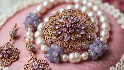 Delicate heirloom jewelry set featuring pearls and lavender gemstones in intricate designs