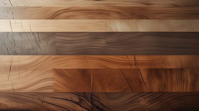 Top down view of wooden butcher block texture background. Mixed wood cutting board surface.