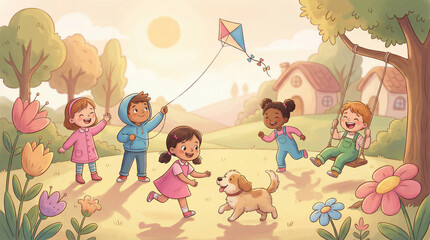 A bright and cheerful image of a group of children playing together on a sunny day in a picturesque park lawn. The atmosphere is filled with joy, laughter, and carefree childish fun.