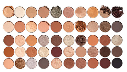 Fototapeta premium Round eyeshadow pans in varied neutral colors arranged in a grid, on a black background