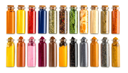 18 small glass jars filled with various colorful spices, herbs, and ingredients