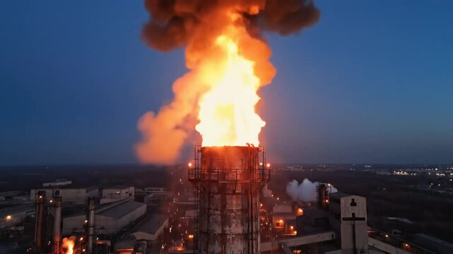 Industrial nighttime shot of factory chimney igniting with fiery explosion and dense smoke rising into the dusk sky