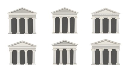 Set of Six Stylized Classical Greek Temple Facades with Columns roman architecture