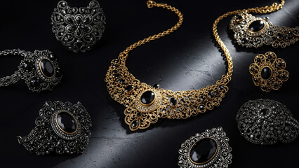 Elegant heirloom jewelry collection featuring intricate gold and black designs with gemstones