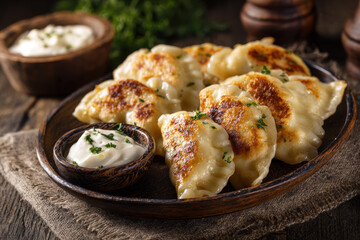 Polish pierogi dumplings with sour cream, rustic home-cooked style
