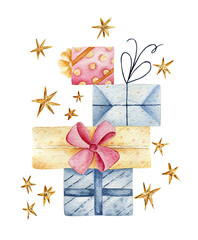 A hand painted watercolor illustration depicting a gift boxes, stars and bows with decorative elements.