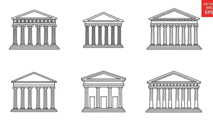 Set of Six Stylized Outline Illustrations of Ancient Greek and Roman Temples architecture