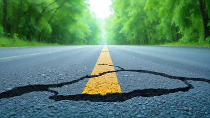 A cracked road runs through a green forest area. The yellow line marks the center of the road. Sunlight shines through the trees. The scene shows signs of wear and damage