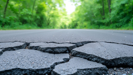 A road shows visible cracks in the surface with small puddles of water. The scene is set in a green forest area with trees in the background under bright daylight