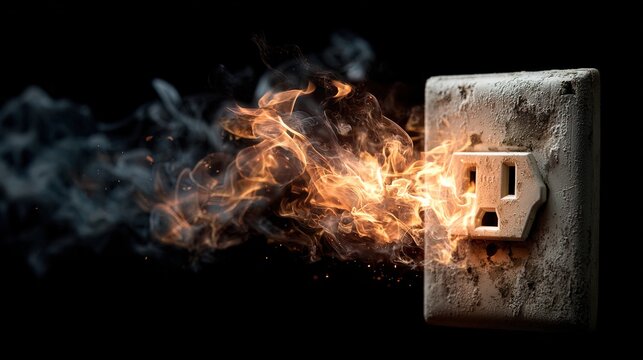 Close up Isolated Damaged Electrical Outlet with Flames and Smoke Danger