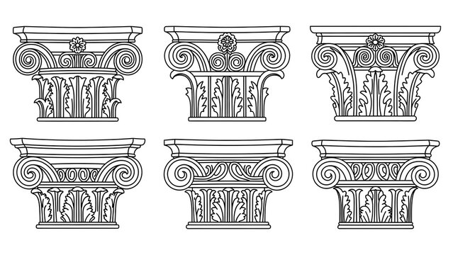 Six line art illustrations of classical Greek Ionic column capitals with floral details