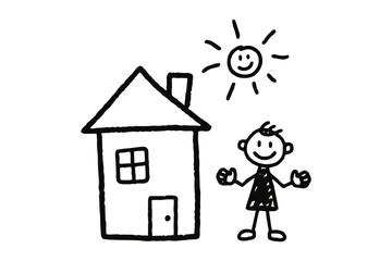 Childish Hand-Drawn House and Person Sketch &ndash; Simple Stick Figure Family Home Illustration with Sun