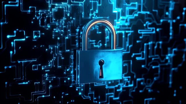 Firewall protection. Internet cyber security. Hightech. Technology. Encryption and decryption. A digital artwork depicting a closed padlock against a digital circuit board background.