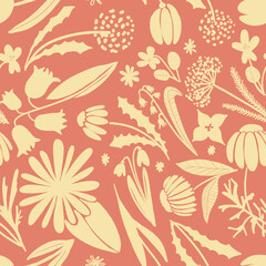 A seamless floral pattern consisting of medicinal plants and flowers.
