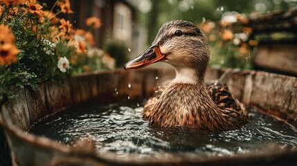 Fototapeta premium Serene Close Up of Mallard Duck Bathing in Wooden Tub Outdoors
