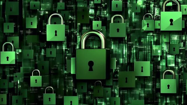 Firewall protection. Internet cyber security. Hightech. Technology. Encryption and decryption. green padlocks on digital background with binary code overlay.