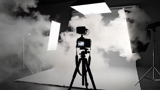 Camera on a tripod in a studio setting with artificial smoke and professional lighting.