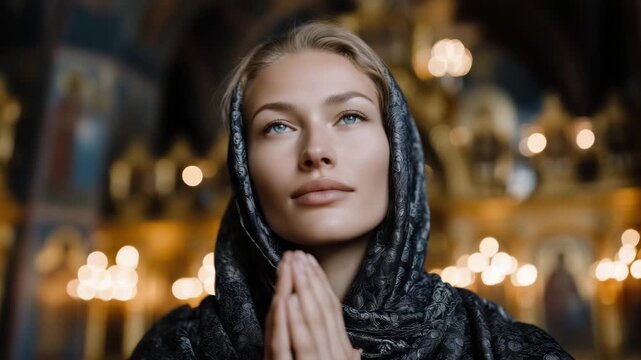 a young Russian woman praying inside an Orthodox Christian church. She is standing in three-quarter profile, gently holding a thin lit chur