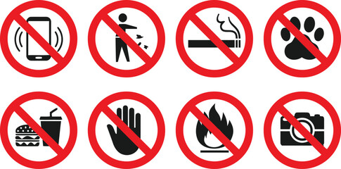 Prohibited Restriction Sign and Forbidden Actions Icons Set of No Cell Phone Littering Smoking Pets Food Hand Fire Camera Symbol in a Red Circle