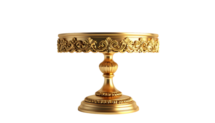 Ornate golden cake stand with decorative carvings, isolated on a black background