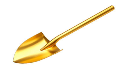 Shiny golden spade against a black background, with detailed highlights and curves