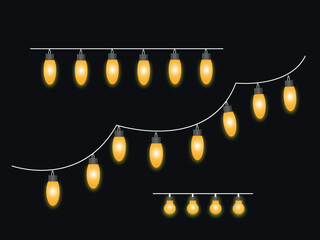 Glowing Yellow String Lights on Black Background - Festive Vector Illustration - Decorative Hanging Light Garlands - Christmas and Party Bulb Clipart