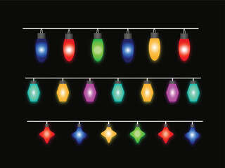 Colorful Christmas String Lights Set - Glowing Multi-Color Bulbs on Black - Festive Holiday Light Garlands - Vector Decoration for Parties and Xmas