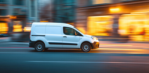 White delivery van driving fast on a city street at night, showcasing urban logistics and efficient transport with dynamic motion blur