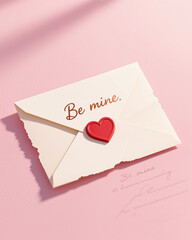 Soft, warm illustration of Valentines Day card with red heart on pink background, elegant cursive text, and subtle shadows, in a gentle, romantic style.
