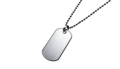 Fototapeta premium Polished metal dog tag on chain, angled against black background, gleaming