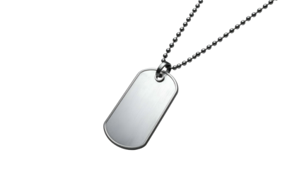 Polished metal dog tag on chain, angled against black background, gleaming