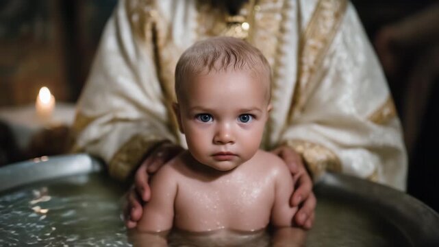 Orthodox infant baptism ceremony inside a dimly lit church, priest in traditional vestments gently supporting a baby immersed in a round metal baptismal font, calm infant expressio