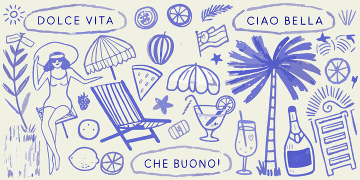 Italian summer vibes a hand drawn illustration of beach essentials and phrases