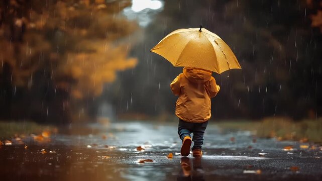 person walking in the rain with yellow raincoat and brown shoesyellow umbrella in the midst of a rainstorm.