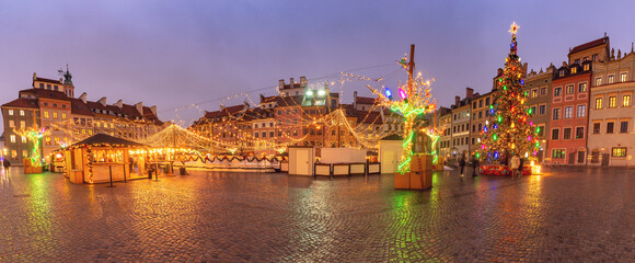 Christmas market in old town square in Warsaw Poland