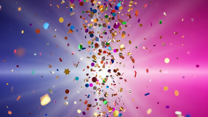 A vibrant and colorful confetti explosion against a bright pink and blue background