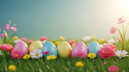 Fototapeta premium Happy easter sunday eggs in blooming garden on sunny day