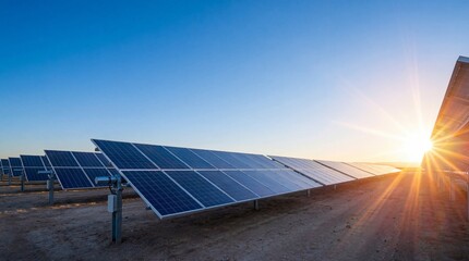 Large array of modern photovoltaic solar panels capturing golden sunlight during sunset or sunrise on a utility-scale solar power farm, symbolizing sustainable clean energy generation. © MuzammilZia