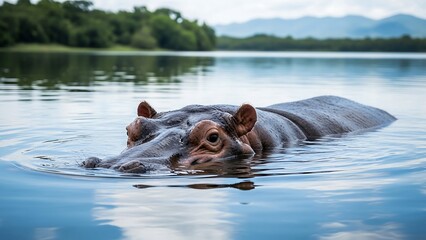 Fototapeta premium Hippopotamus swimming in serene lake water.