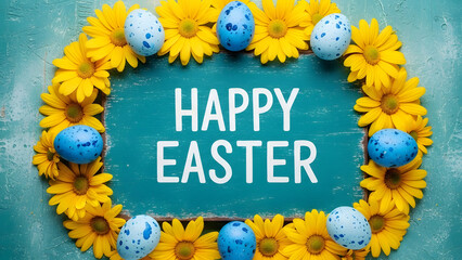 Happy easter sunday wishes with sunflowers and blue easter eggs