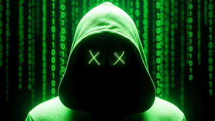 Hacker in green hoodie with glowing X eyes against a binary code background