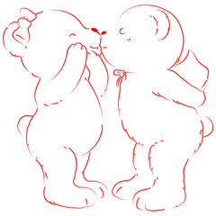 Cute Valentine Teddy Bears Kissing Line Art