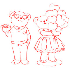 Cute Valentine Teddy Bears With Candy Line Art