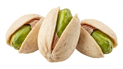 Three vibrant green roasted and salted pistachios in partially cracked shells, close-up macro view, isolated on a clean white background. Premium healthy snack ingredient.