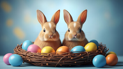 Happy easter sunday with two adorable rabbits in a colorful egg basket