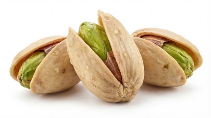 Macro view of three raw pistachios in partially opened shells, revealing the vibrant green kernel. Fresh, healthy, and crunchy snack nuts isolated on a clean white background.