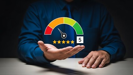 A person holding a 5star rating gauge icon in their hand with a colorful semicircle progress bar