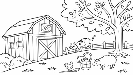 Obraz premium Farm Scene Coloring Page Style Illustration for Kids