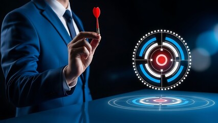 Businessman in blue suit holding dart hitting target on digital board with glowing blue lines and red bullseye on dark background