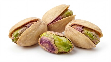 Close-up macro shot of four roasted and salted pistachios, with shells cracked open, displaying the vibrant green kernel. Isolated on a pure white background.